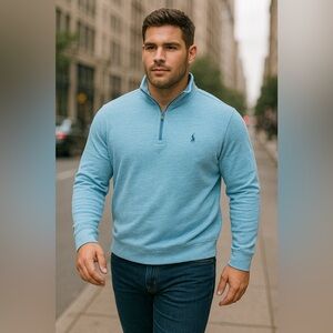 Polo Ralph Lauren Gorgeous Light Blue Pima Cotton Quarter-Zip Sweater Size L